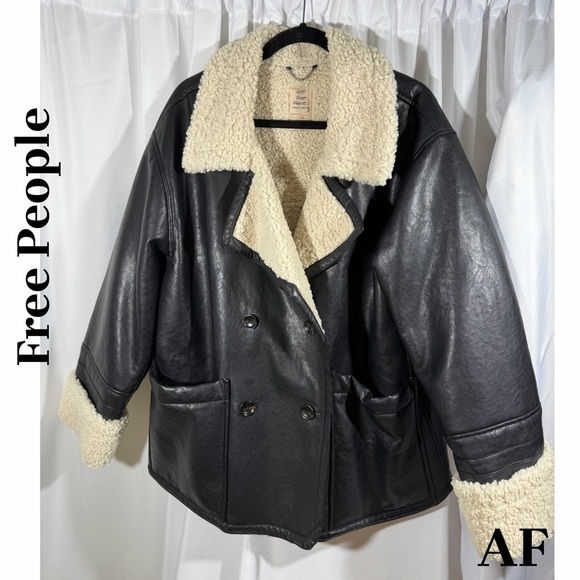 Free People Kaja Vegan Leather Black and Cream Teddy Jacket XL New - Picture 7 of 10